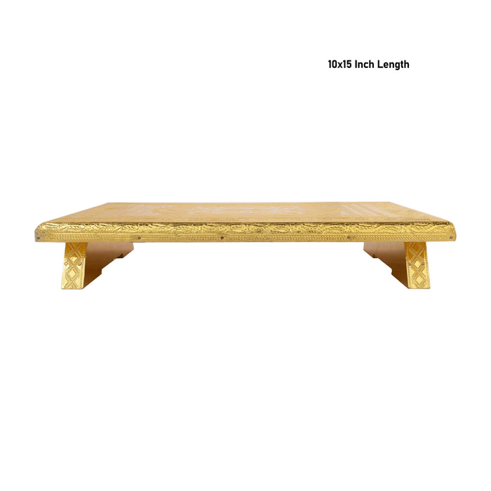 Pooja Chowki- 10 X 15 Inches | Gold Polish Bajot/ Wooden Manai Palagai/ Patla For Pooja Mandir & Idol Placement