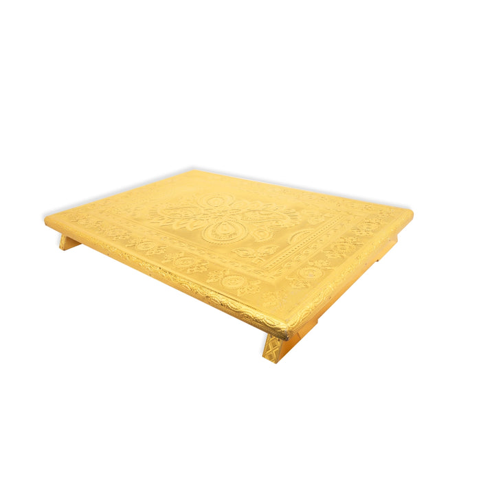 Pooja Chowki- 15 X 21 Inches | Gold Polish Bajot/ Wooden Manai Palagai/ Patla For Pooja Mandir & Idol Placement