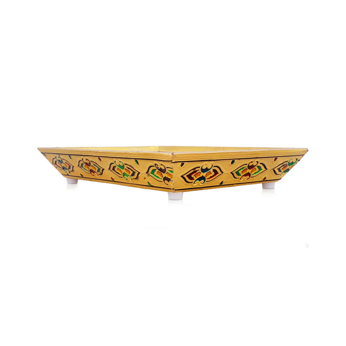 Decorative Plate - 12 x 9 Inches | Wooden Tray/ Meenakari Design Pooja Plate/ Gold Polish Thali Plate for Home