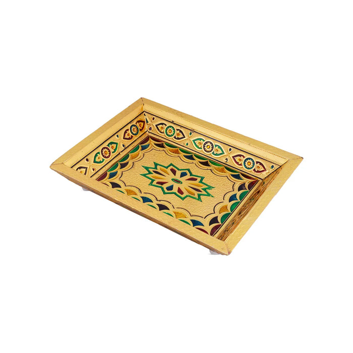 Decorative Plate - 12 x 9 Inches | Wooden Tray/ Meenakari Design Pooja Plate/ Gold Polish Thali Plate for Home