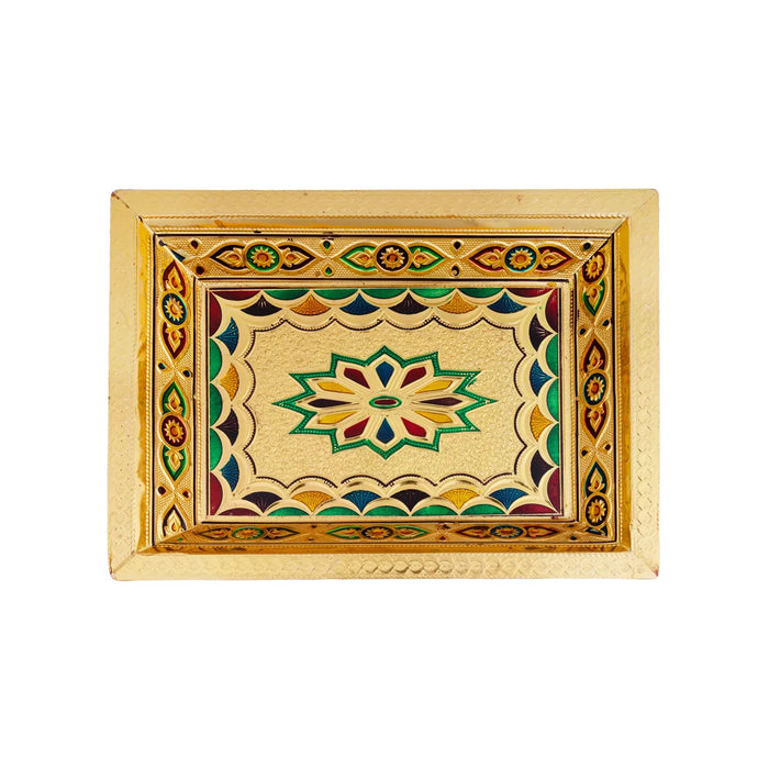 Decorative Plate - 12 x 9 Inches | Wooden Tray/ Meenakari Design Pooja Plate/ Gold Polish Thali Plate for Home