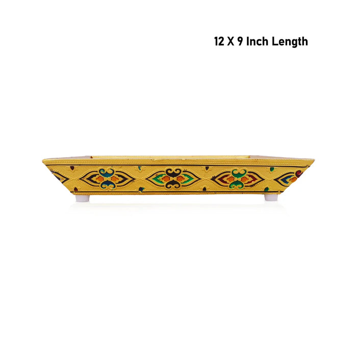 Decorative Plate - 12 x 9 Inches | Wooden Tray/ Meenakari Design Pooja Plate/ Gold Polish Thali Plate for Home
