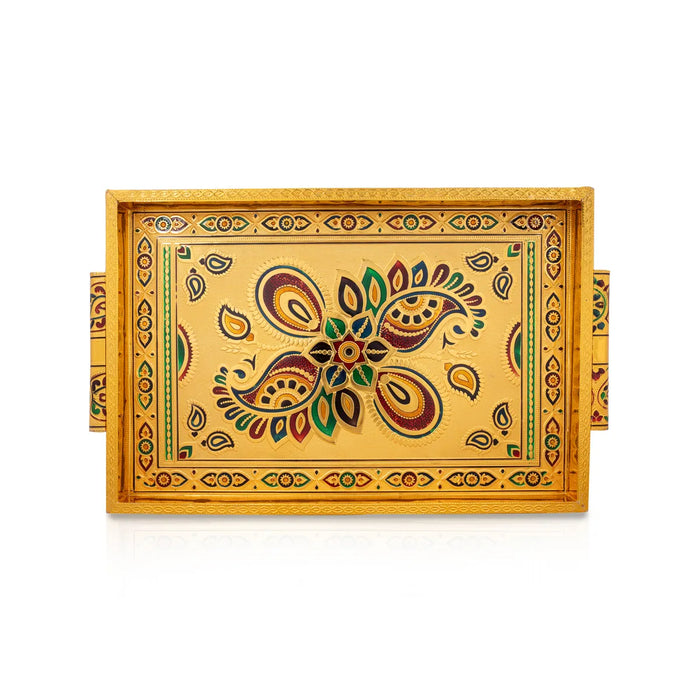 Decorative Plate - 1.5x14x10 Inches | Wooden Tray/Meenakari Design Pooja Plate/Gold Polish Thali Plate for Home