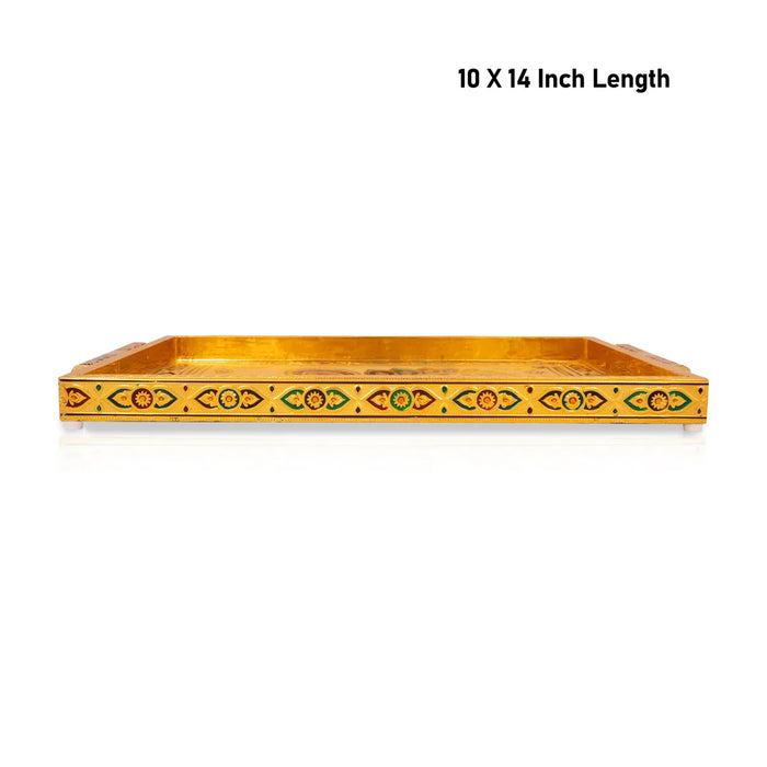 Decorative Plate - 1.5x14x10 Inches | Wooden Tray/Meenakari Design Pooja Plate/Gold Polish Thali Plate for Home