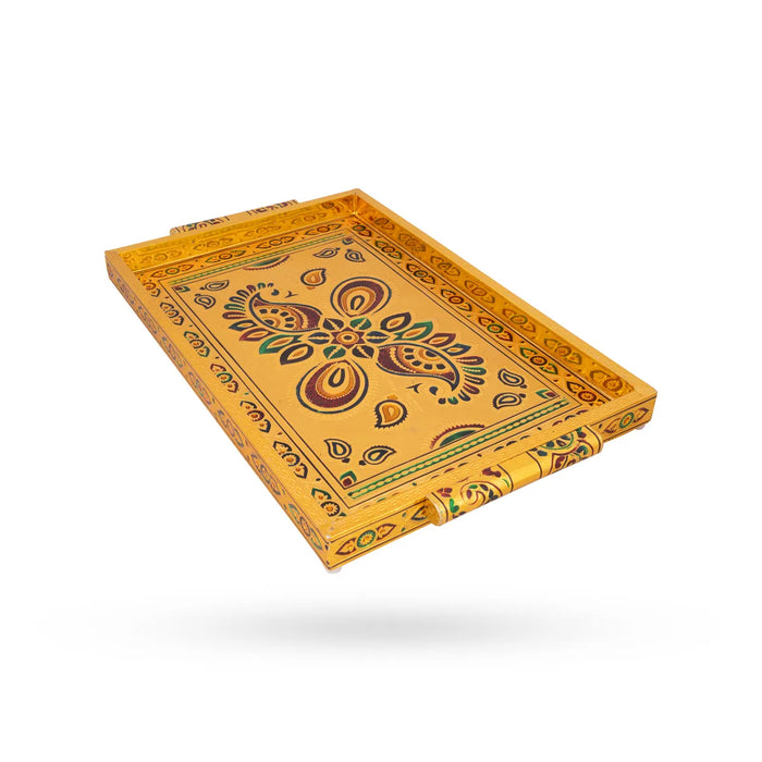 Decorative Plate - 1.5x16x11 Inches | Wooden Tray/Meenakari Design Pooja Plate/Gold Polish Thali Plate for Home
