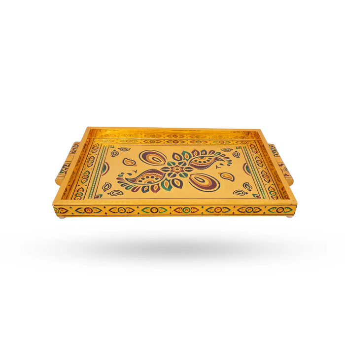 Decorative Plate - 1.5x16x11 Inches | Wooden Tray/Meenakari Design Pooja Plate/Gold Polish Thali Plate for Home