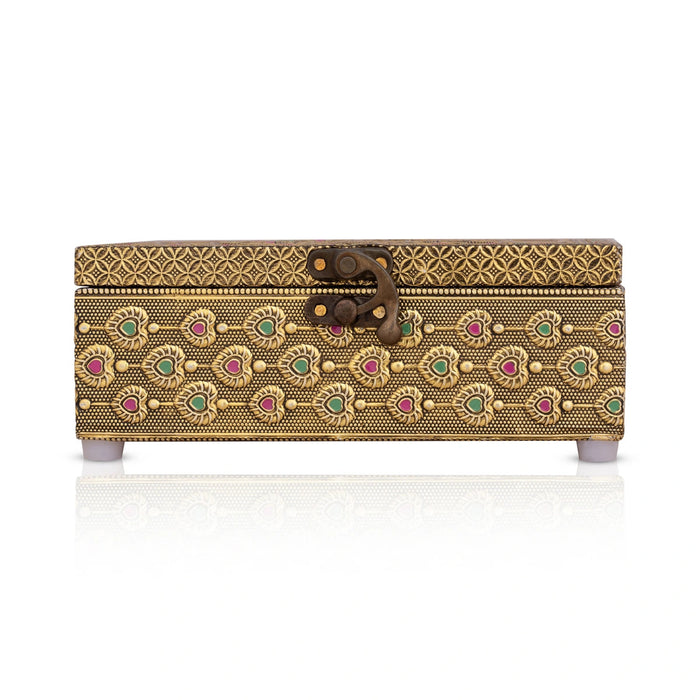 Pooja Box - 2.75 X 7 X 5 Inches | Peacock Design Storage Box/ Gold Oxidised Jewellery Box For Home