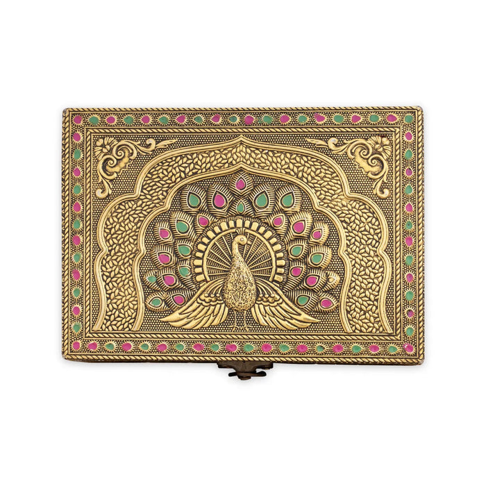 Pooja Box - 2.75 X 7 X 5 Inches | Peacock Design Storage Box/ Gold Oxidised Jewellery Box For Home