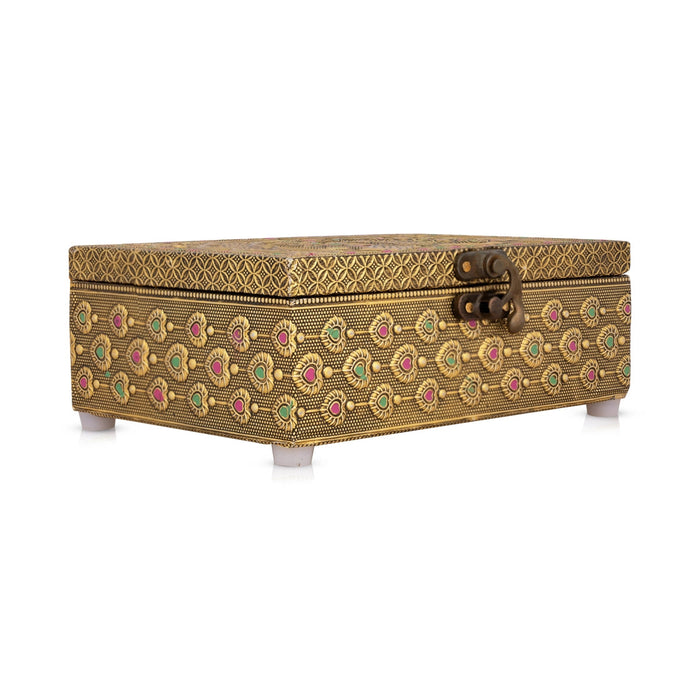 Pooja Box - 2.75 X 7 X 5 Inches | Peacock Design Storage Box/ Gold Oxidised Jewellery Box For Home