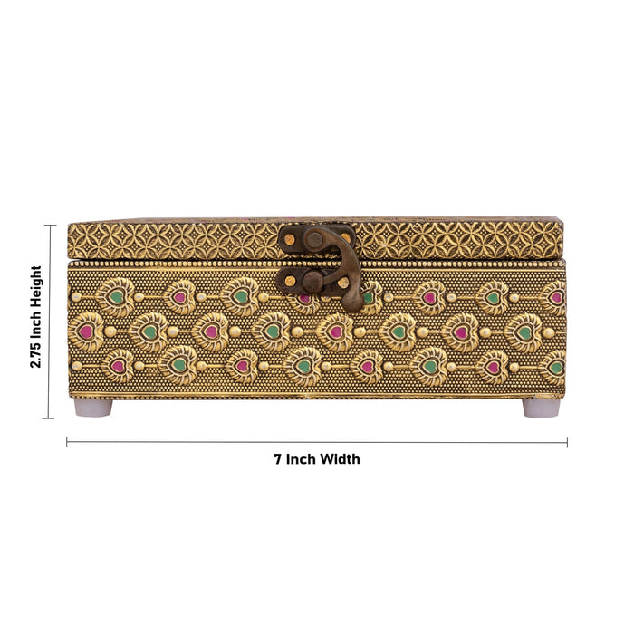 Pooja Box - 2.75 X 7 X 5 Inches | Peacock Design Storage Box/ Gold Oxidised Jewellery Box For Home