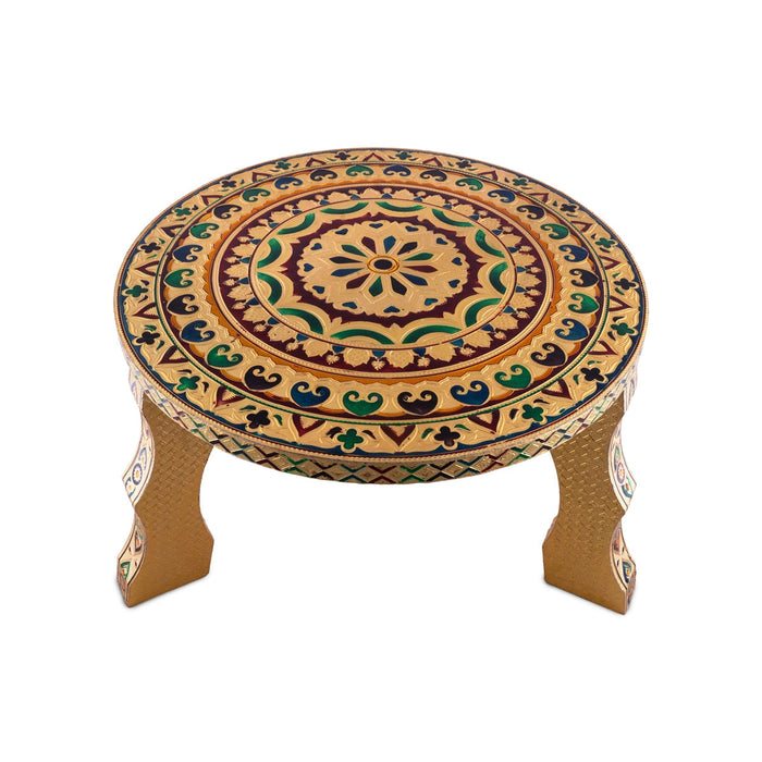 Bajot - 9 x 14 Inches | Round Meenakari Design Chowki/ Golden Polish Manai Palagai for Pooja