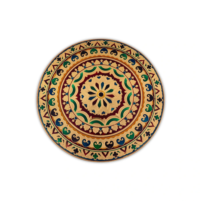 Bajot - 9 x 14 Inches | Round Meenakari Design Chowki/ Golden Polish Manai Palagai for Pooja