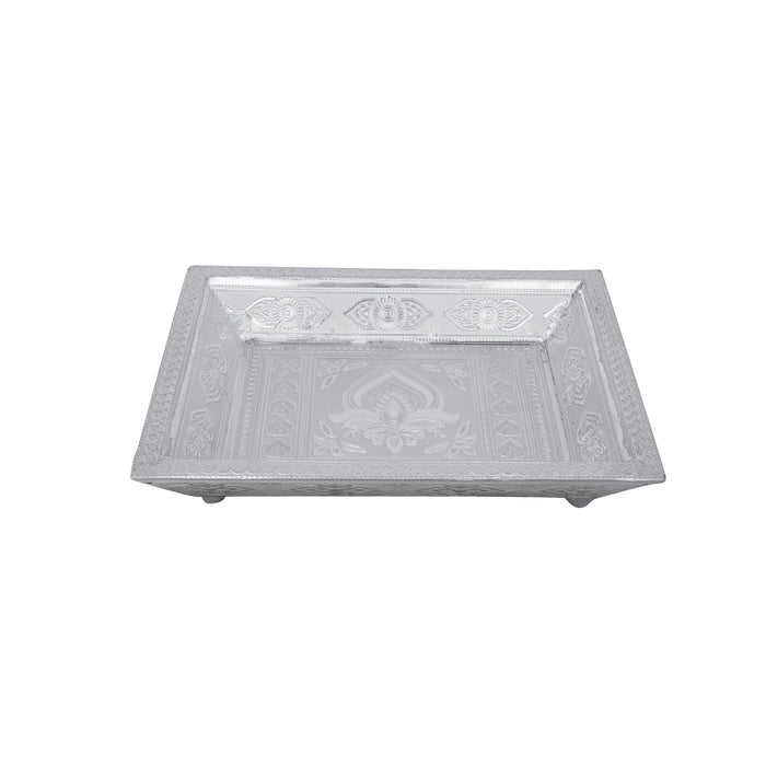 Serving Tray - 10 x 7 Inches | Silver Polish Tray/ 2 Glass Decorative Plate for Home