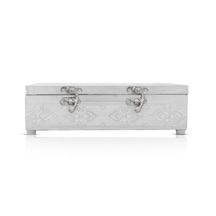 Pooja Box - 3.5 x 9 Inches | Wooden Storage Box/ Silver Polish Jewellery Box for Home