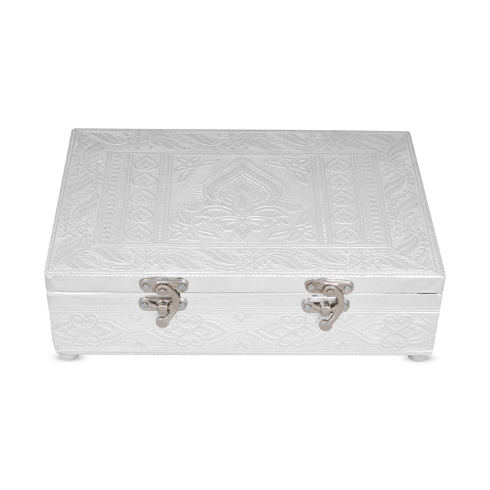 Pooja Box - 3.5 x 9 Inches | Wooden Storage Box/ Silver Polish Jewellery Box for Home