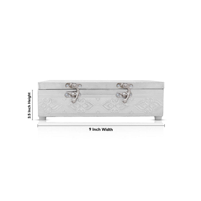 Pooja Box - 3.5 x 9 Inches | Wooden Storage Box/ Silver Polish Jewellery Box for Home