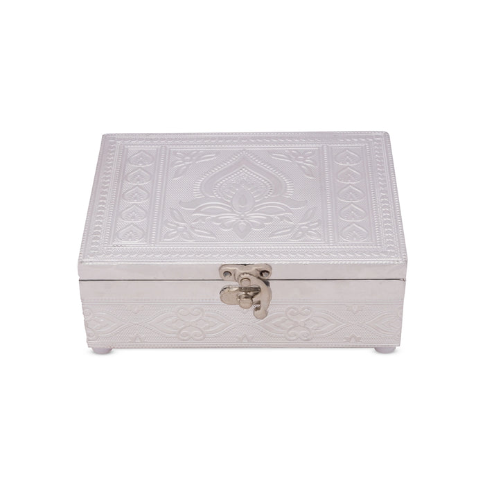 Pooja Box - 3 x 7 Inches | Wooden Storage Box/ Silver Polish Jewellery Box for Home