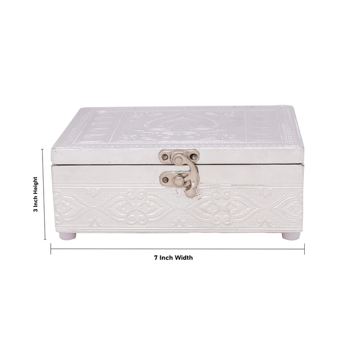 Pooja Box - 3 x 7 Inches | Wooden Storage Box/ Silver Polish Jewellery Box for Home