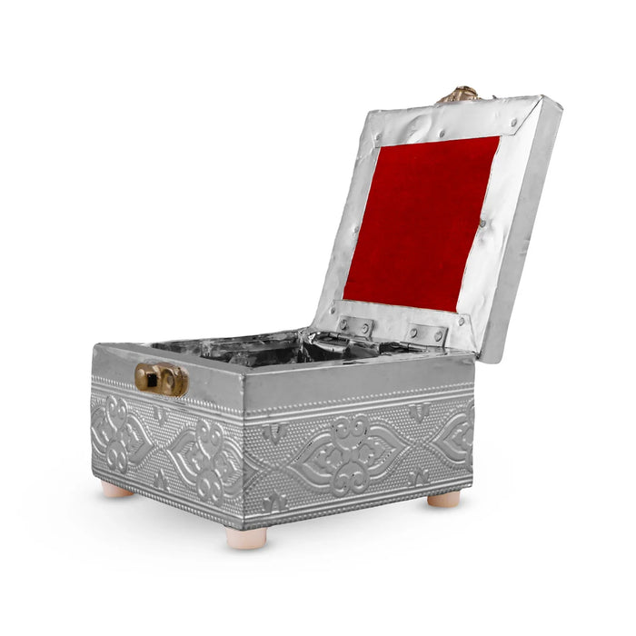Pooja Box - 3 x 4 Inches | Wooden Storage Box/ Silver Polish Jewellery Box for Home