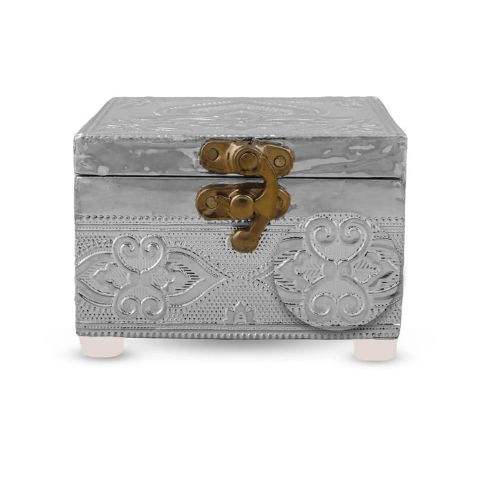 Pooja Box - 3 x 4 Inches | Wooden Storage Box/ Silver Polish Jewellery Box for Home
