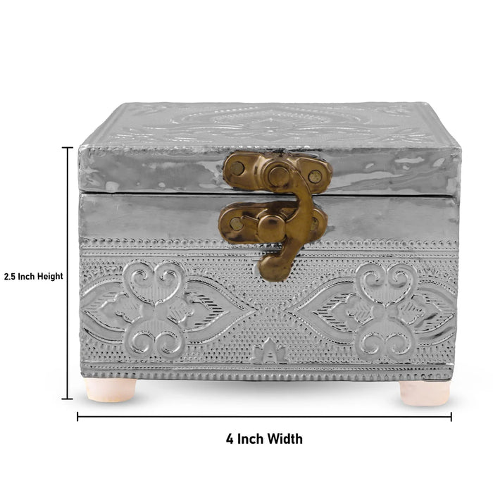 Pooja Box - 3 x 4 Inches | Wooden Storage Box/ Silver Polish Jewellery Box for Home