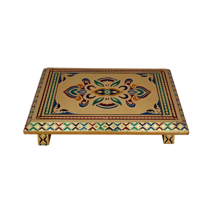Bajot - 2 x 10 x 7 Inches | Meenakari Design Chowki/ Golden Polish Manai Palagai for Pooja/ 545 Gms Approx