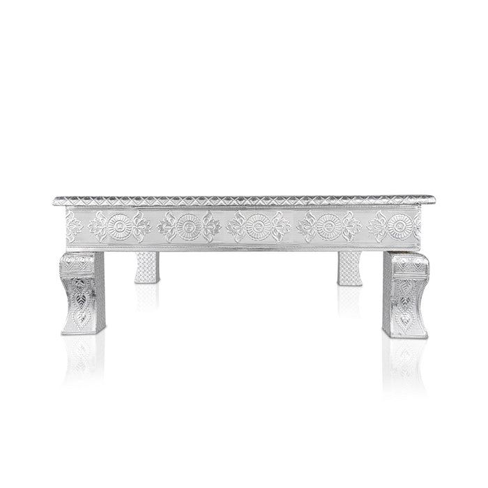 Pooja Chowki With Leg - 3 x 18 x 18 Inches | Silver Polish Patla/ Wooden Bajot for Home