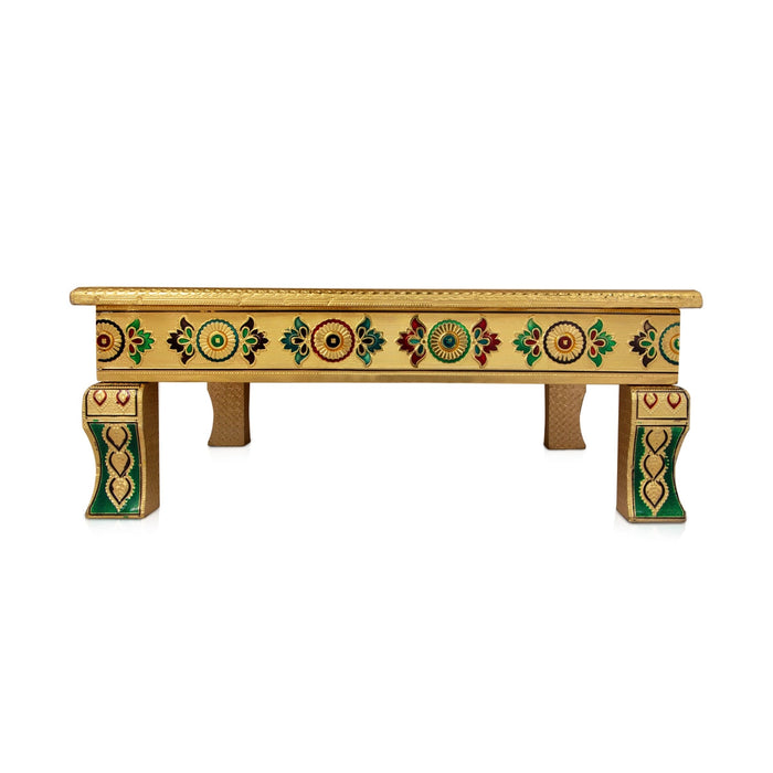 Chowki With Base - 3.5 x 18 x 18 Inches | Gold Polish & Wooden Bajot/ Meenakari Design Manai Palagai for Pooja