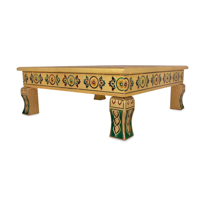 Chowki With Base - 3.5 x 18 x 18 Inches | Gold Polish & Wooden Bajot/ Meenakari Design Manai Palagai for Pooja