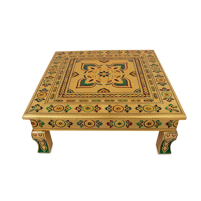 Chowki With Base - 3.5 x 18 x 18 Inches | Gold Polish & Wooden Bajot/ Meenakari Design Manai Palagai for Pooja
