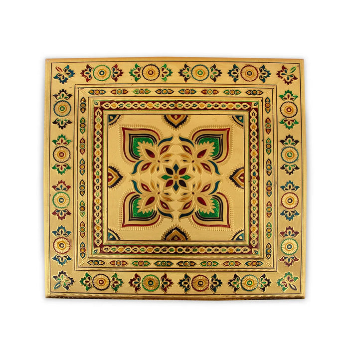 Chowki With Base - 3.5 x 18 x 18 Inches | Gold Polish & Wooden Bajot/ Meenakari Design Manai Palagai for Pooja