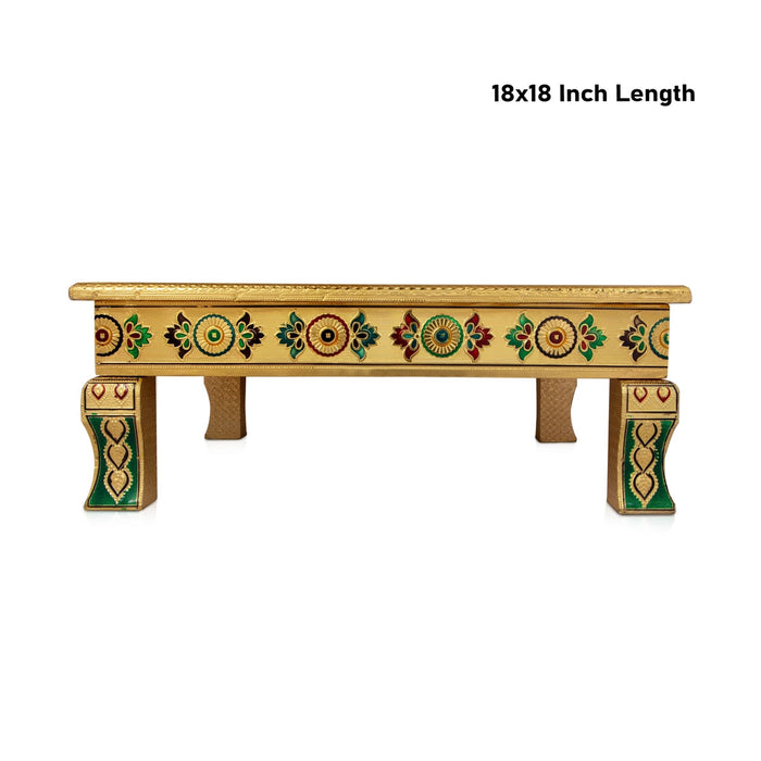Chowki With Base - 3.5 x 18 x 18 Inches | Gold Polish & Wooden Bajot/ Meenakari Design Manai Palagai for Pooja