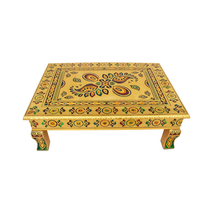 Chowki With Base - 15 x 21 Inches | Gold Polish & Wooden Bajot/ Meenakari Design Manai Palagai for Pooja