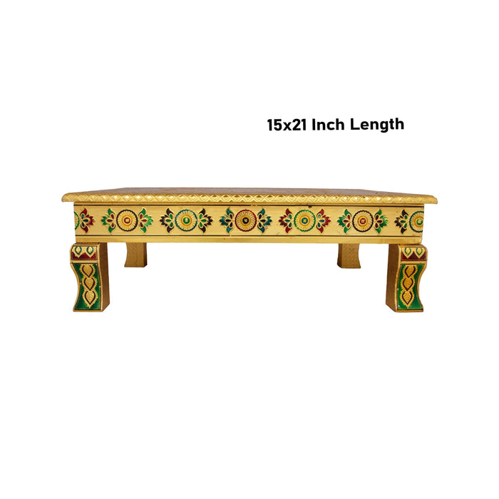 Chowki With Base - 15 x 21 Inches | Gold Polish & Wooden Bajot/ Meenakari Design Manai Palagai for Pooja