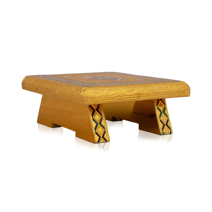 Patla - 6 x 6 Inches | Meenakari Design Chowki/ Golden Polish Manai Palagai/ Wooden Bajot for Pooja