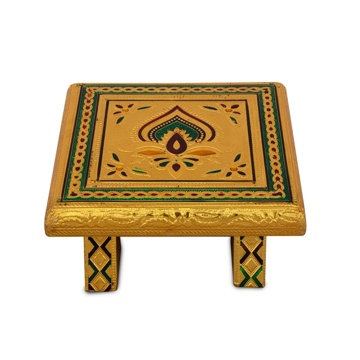 Patla - 6 x 6 Inches | Meenakari Design Chowki/ Golden Polish Manai Palagai/ Wooden Bajot for Pooja