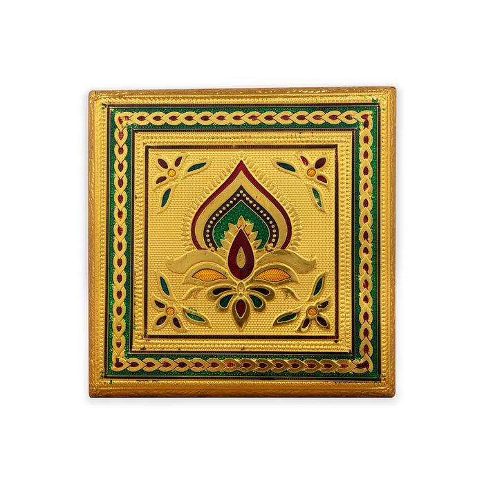 Patla - 6 x 6 Inches | Meenakari Design Chowki/ Golden Polish Manai Palagai/ Wooden Bajot for Pooja