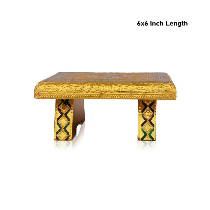 Patla - 6 x 6 Inches | Meenakari Design Chowki/ Golden Polish Manai Palagai/ Wooden Bajot for Pooja