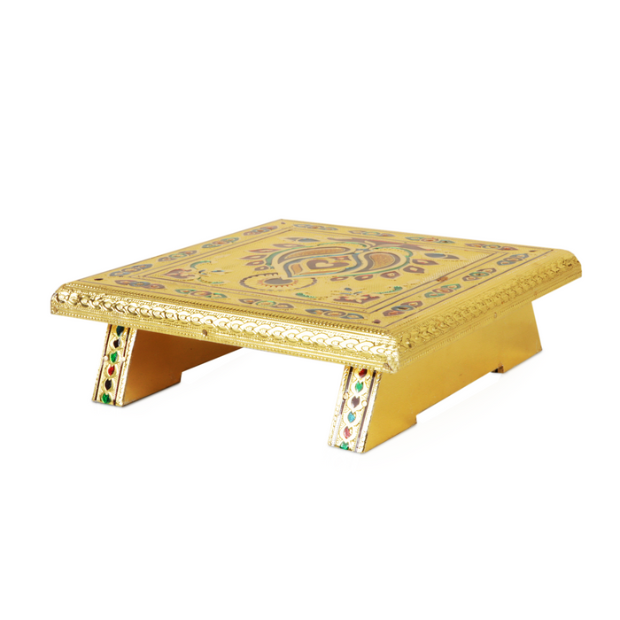 Pooja Chowki - 8 x 8 Inches | Gold Polish Bajot/ Wooden Manai Palagai/ Meenakari Design Patla for Home