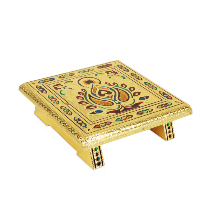 Pooja Chowki - 8 x 8 Inches | Gold Polish Bajot/ Wooden Manai Palagai/ Meenakari Design Patla for Home