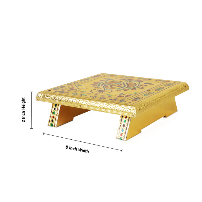 Pooja Chowki - 8 x 8 Inches | Gold Polish Bajot/ Wooden Manai Palagai/ Meenakari Design Patla for Home