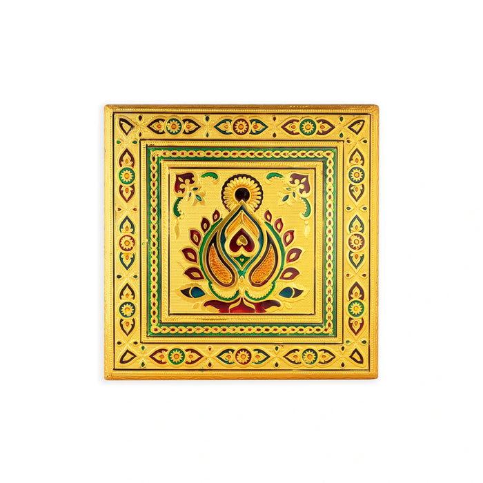 Pooja Chowki - 10 x 10 Inches | Wooden Bajot/ Gold Polish Manai Palagai/ Meenakari Design Patla for Home