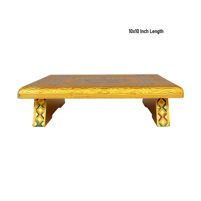 Pooja Chowki - 10 x 10 Inches | Wooden Bajot/ Gold Polish Manai Palagai/ Meenakari Design Patla for Home