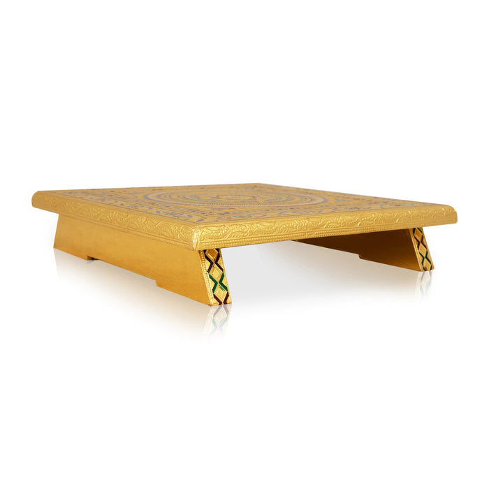 Pooja Chowki - 12 x 12 Inches | Wooden Bajot/ Gold Polish Manai Palagai/ Meenakari Design Patla for Home