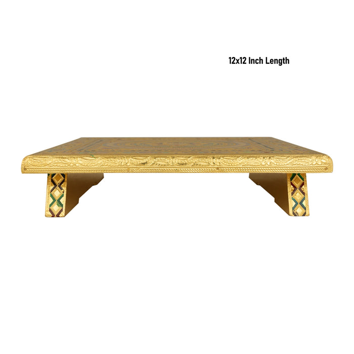 Pooja Chowki - 12 x 12 Inches | Wooden Bajot/ Gold Polish Manai Palagai/ Meenakari Design Patla for Home