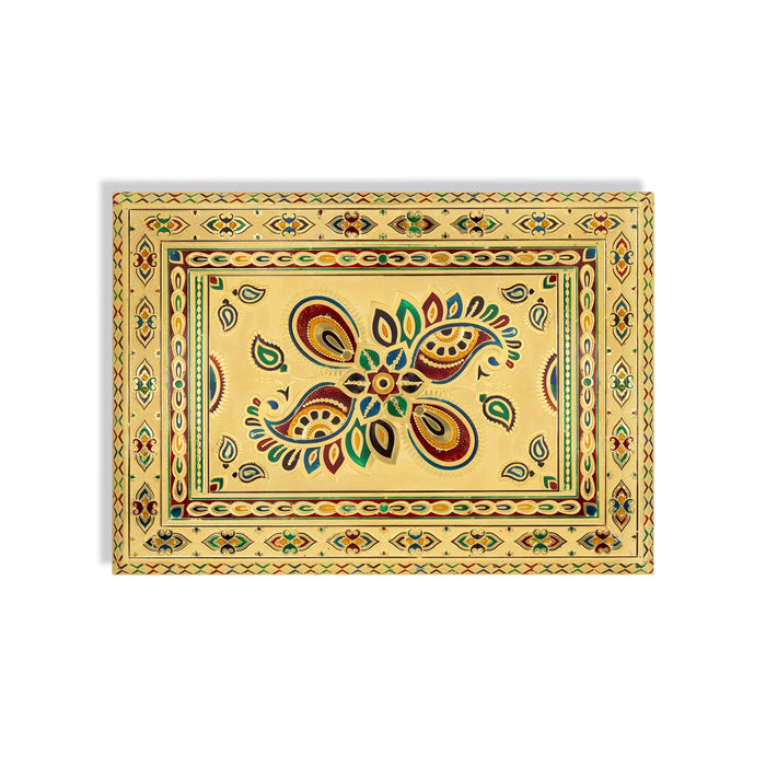 Pooja Chowki- 15 X 21 Inches | Gold Polish Bajot/ Wooden Manai Palagai/Meenakari Design Patla For Pooja Mandir