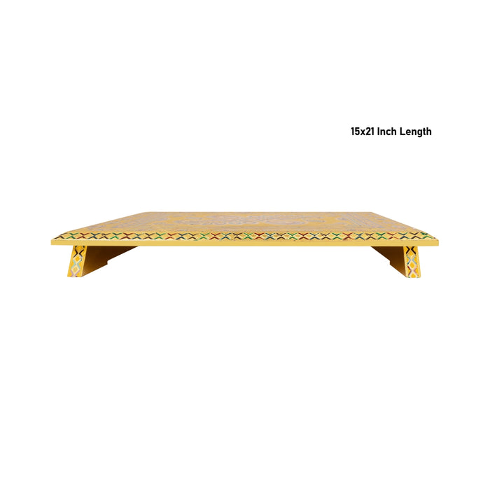 Pooja Chowki- 15 X 21 Inches | Gold Polish Bajot/ Wooden Manai Palagai/Meenakari Design Patla For Pooja Mandir