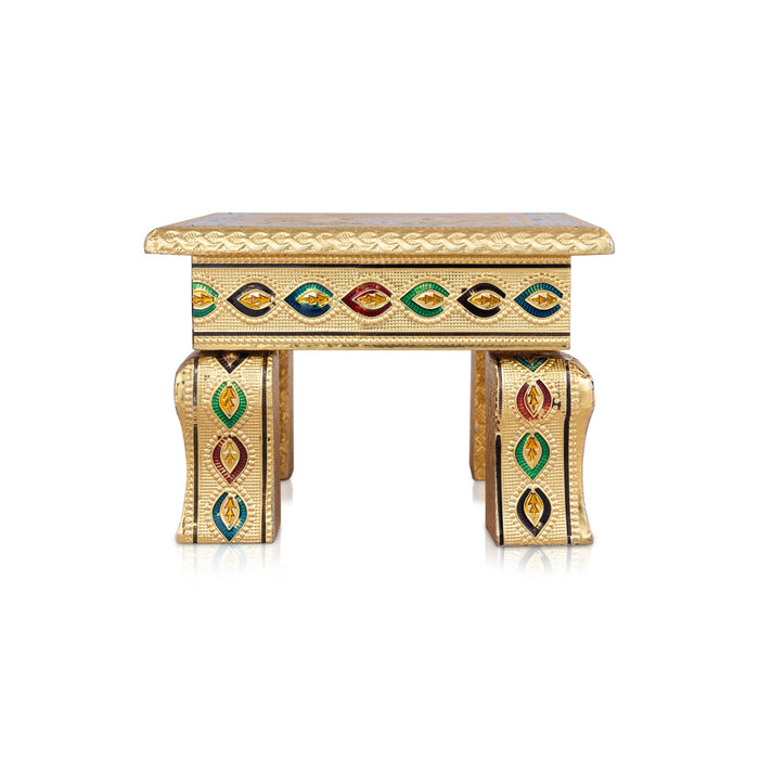 Wooden Bajot - 3.5 X 6 X 6 Inches | Gold Polish Chowki/ Meenakari Design Manai Palagai For Pooja & Home Decor