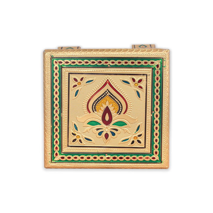 Wooden Bajot - 3.5 X 6 X 6 Inches | Gold Polish Chowki/ Meenakari Design Manai Palagai For Pooja & Home Decor