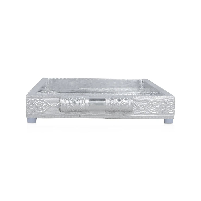 Decorative Tray - 1.5 x 12 x 8 Inches | Wooden Serving Tray/ Silver Polish Serving Plate for Pooja